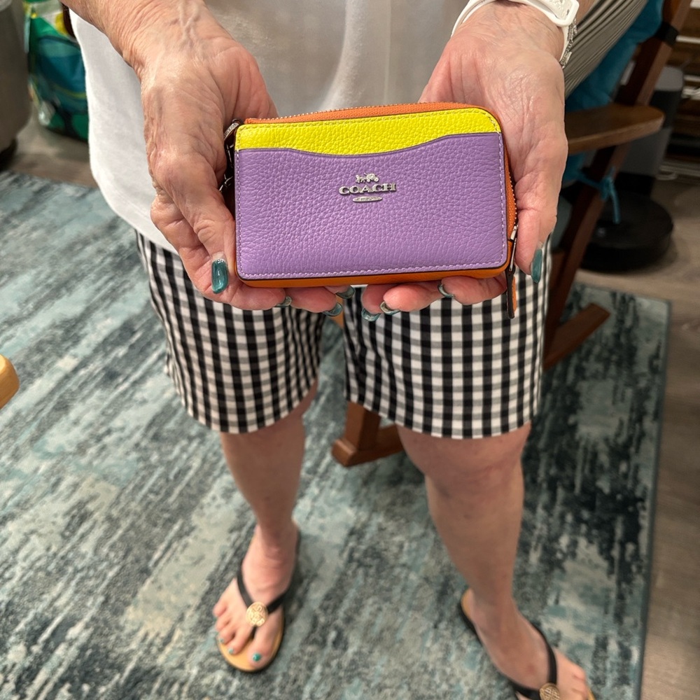 Coach Tri-Color Card Holder in Purple, Yellow, and Tan